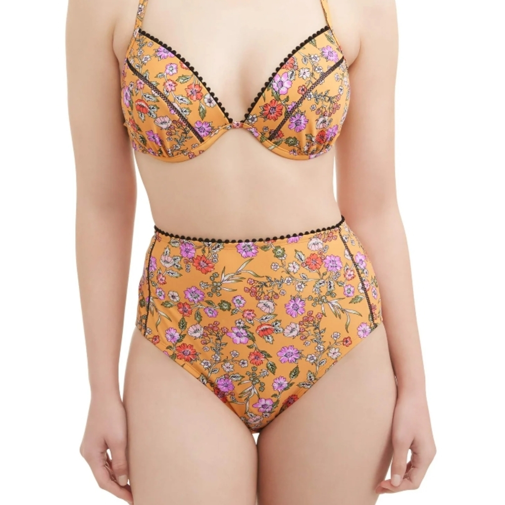 Orange and Black High-Waisted Bikini with Floral Print